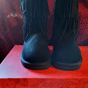 New black suede fringe 3/4 high winter boots